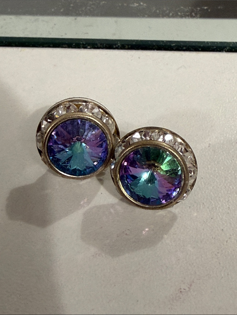 Iridescent Blue Green Purple Crystal Stud Earrings